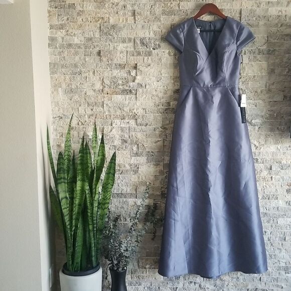 Alfred Sung Blue Satin Cap Sleeve Gown - Picture 2 of 6